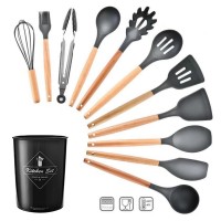 Silicone Cooking Utensils Set with Wooden Handles   Holder, 12 pcs Kitchen Tool 