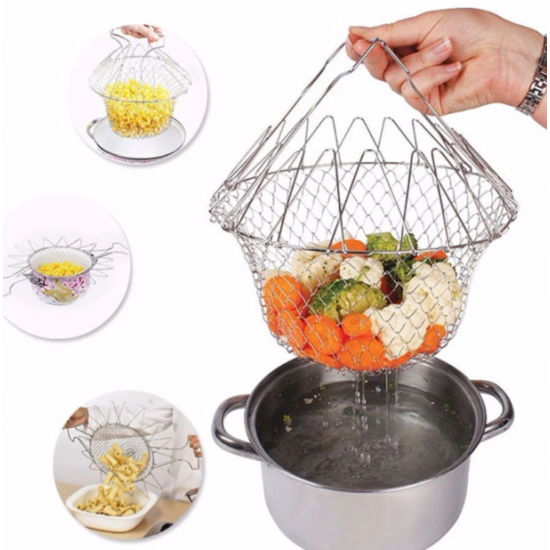 Stainless Steel Foldable Chef Magic Basket Steam Rinse Strain Fry Basket Strainer Net Kitchen Cooking Tool