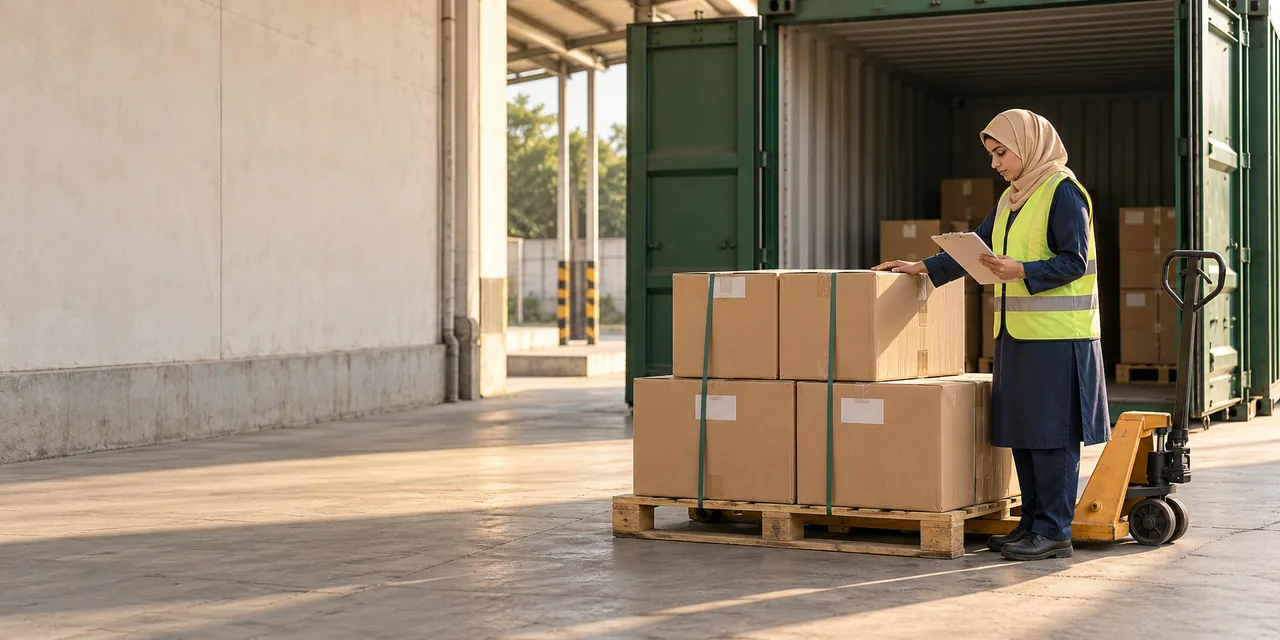 Checking incoming cartons beside a shipping container.