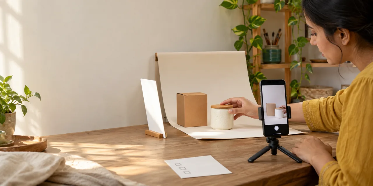 Preparing a product photograph with its packaging and a phone camera.