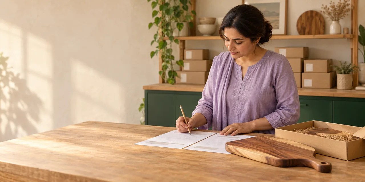 Reviewing marketplace order paperwork beside a packaged wooden product.