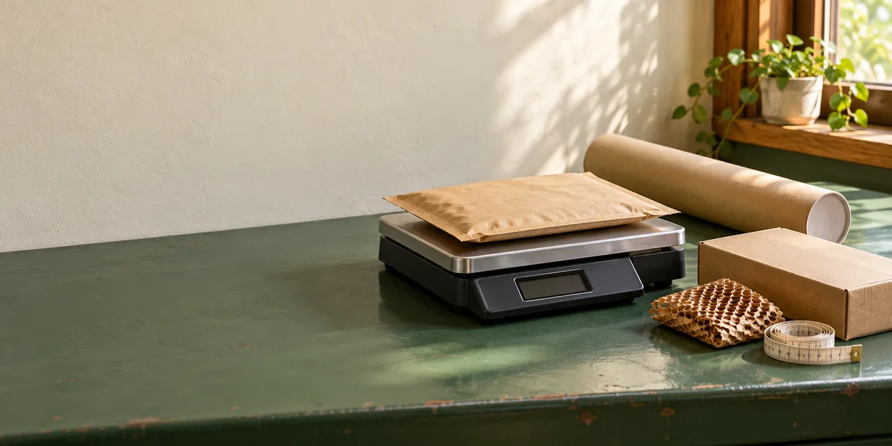 Weighing a padded mailer beside a shipping tube, carton and measuring tape.