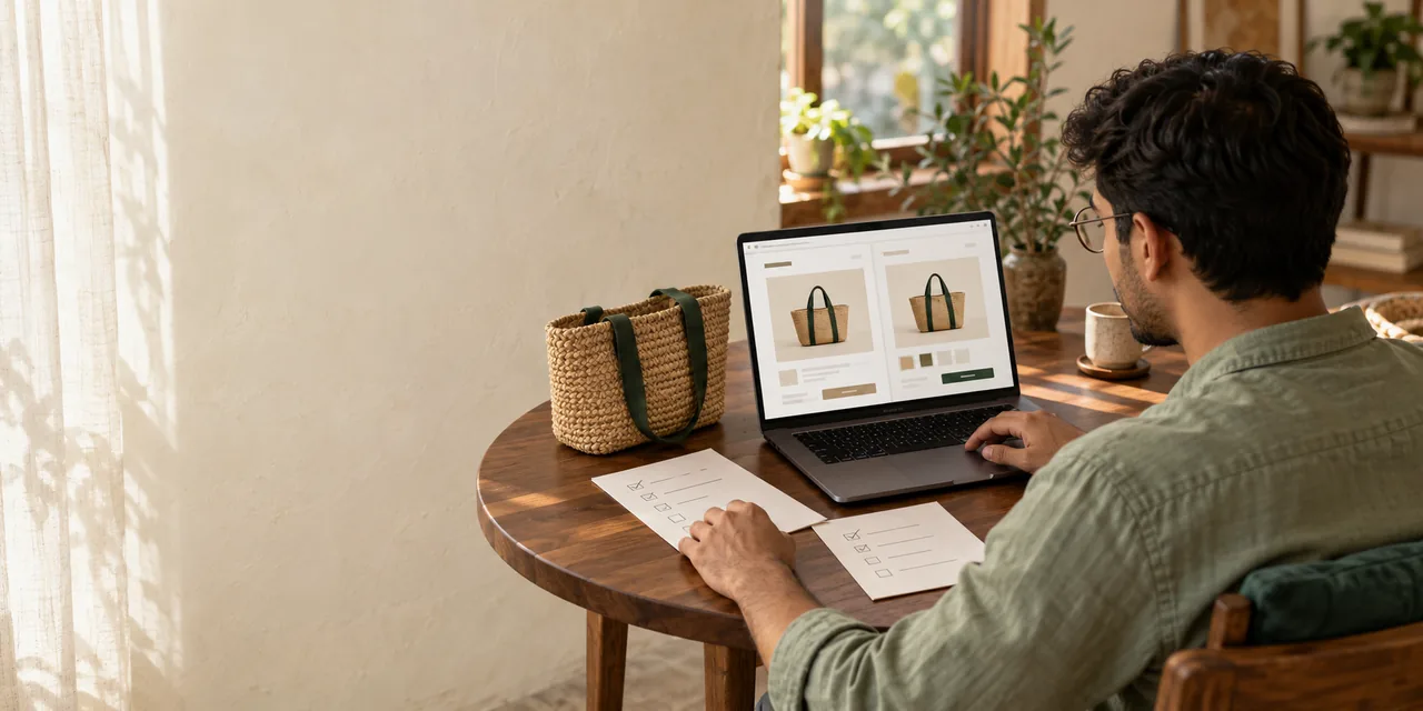 Comparing two storefront approaches beside a woven product sample.