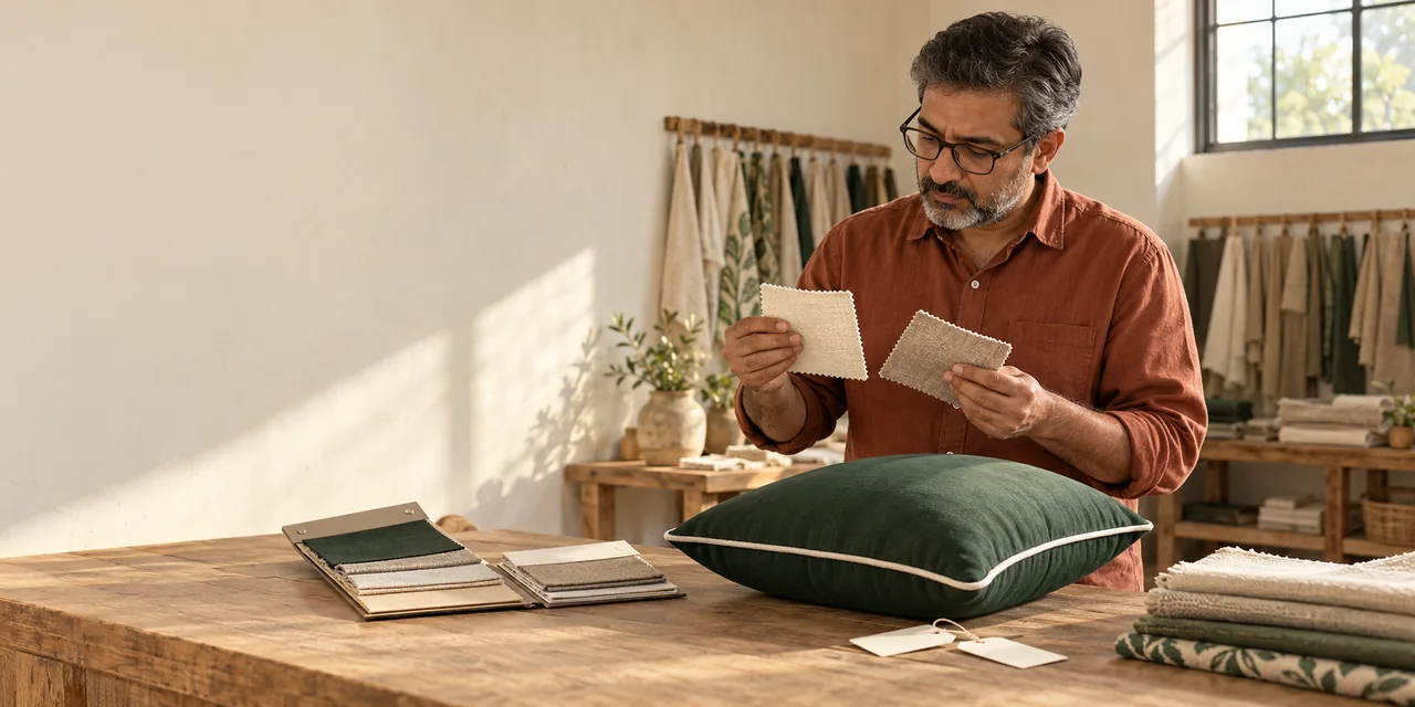 Comparing fabric samples and a finished cushion before choosing product materials.