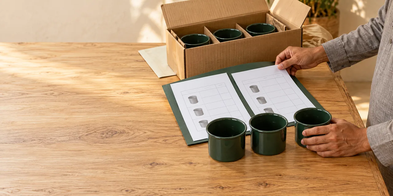 Comparing an order sheet with ceramic mugs and their divided shipping carton.