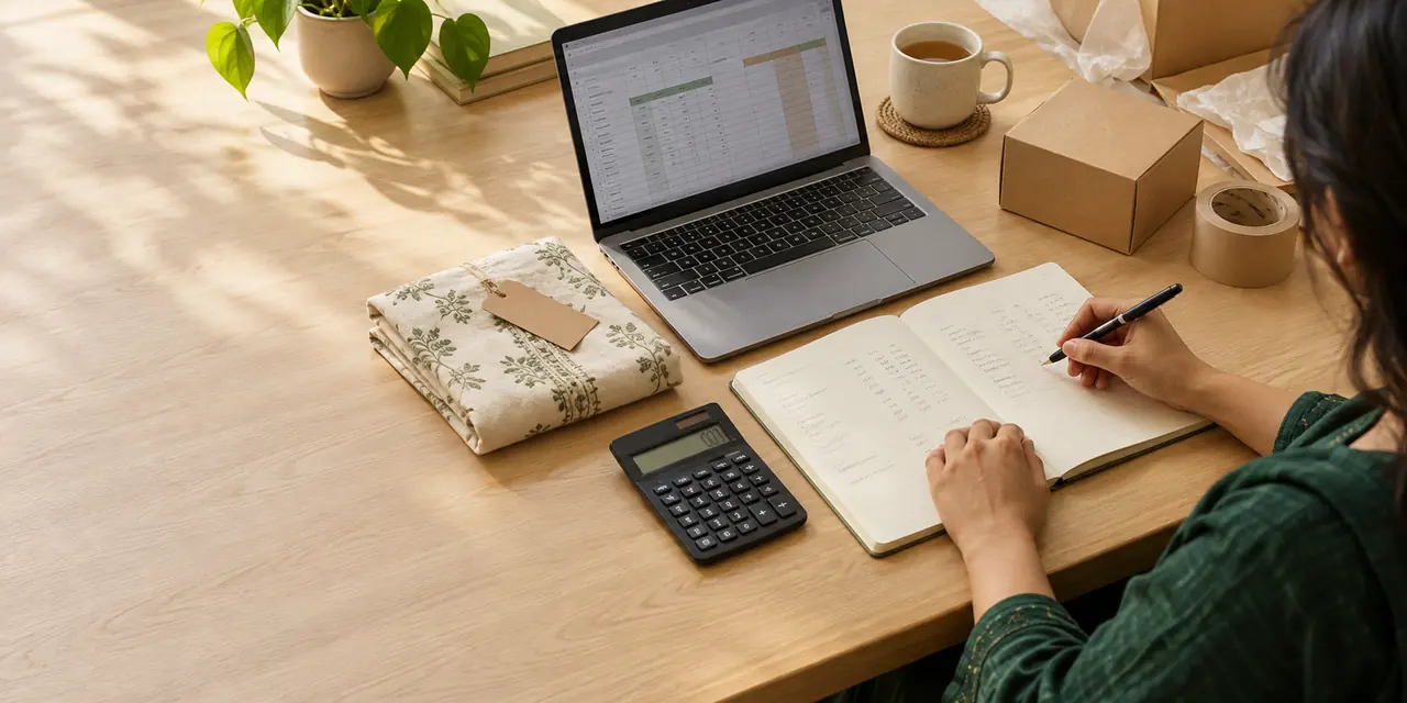 Planning product costs with a spreadsheet, calculator and notebook beside a product sample and packing materials.