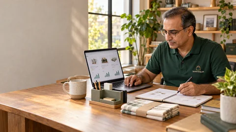 Analyst comparing product samples, catalogue listings and research notes