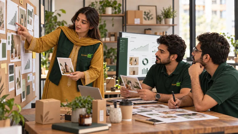 Ecommerce marketing team reviewing product imagery and sales charts