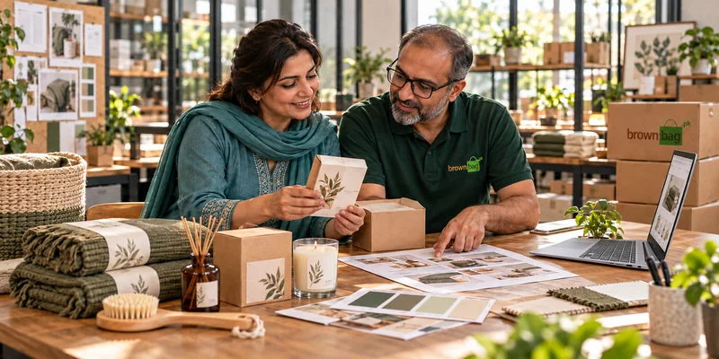 A business owner and ecommerce adviser reviewing product packaging and an online store