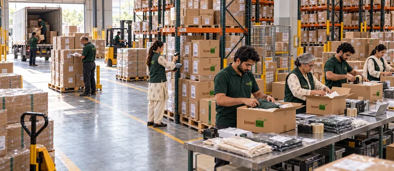 Warehouse team receiving stock, scanning cartons and packing ecommerce orders