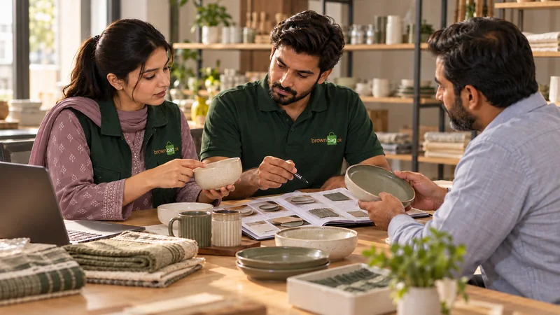 Sourcing team discussing tableware samples and product specifications with a supplier