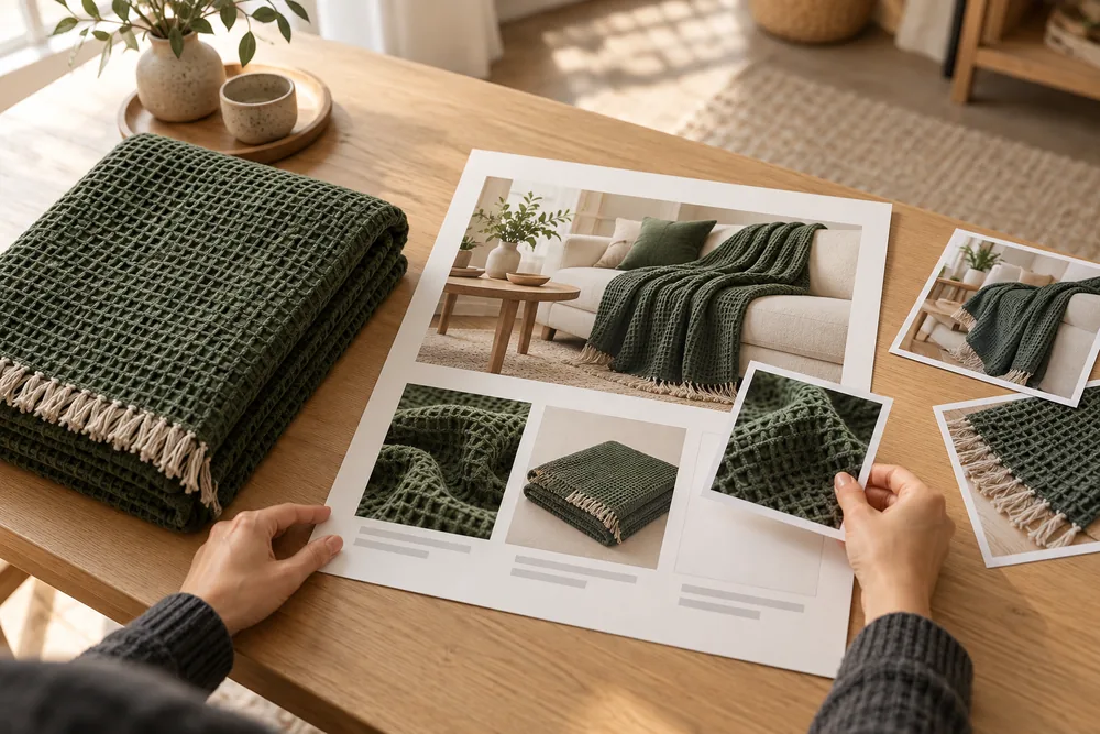 Arranging a modular product story with photographs and a matching woven throw