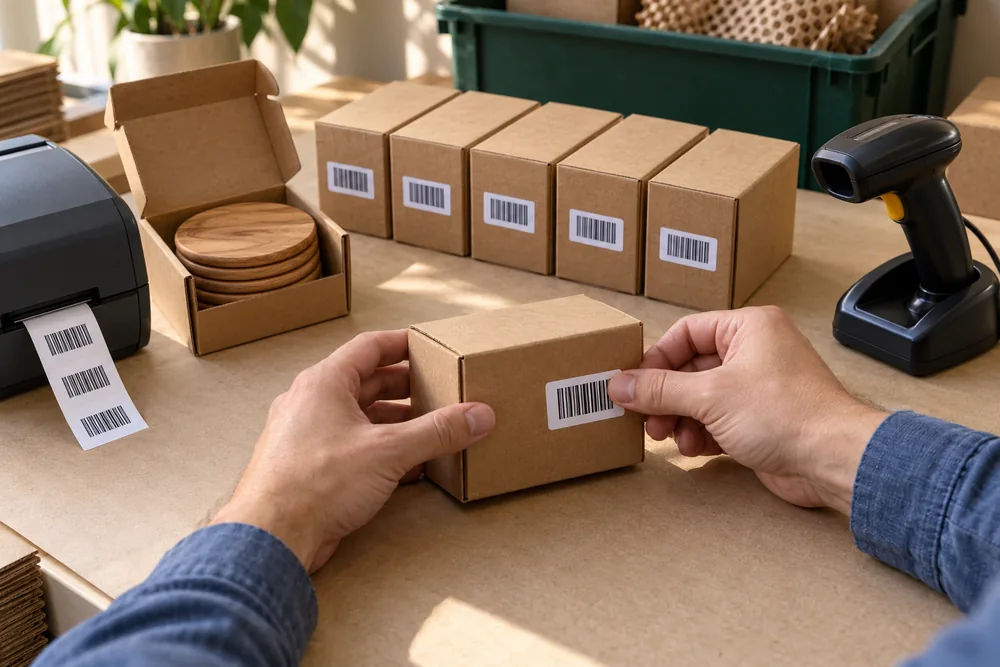 Applying a barcode label to a retail unit beside prepared items, a printer and scanner