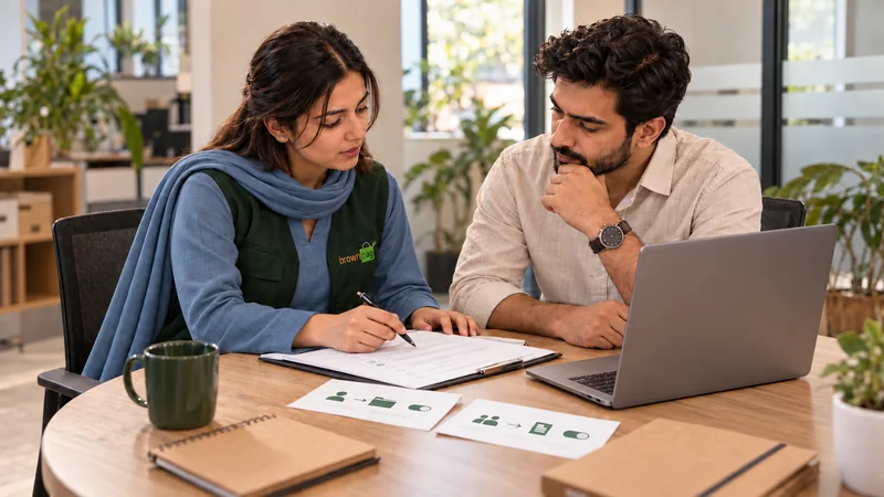Two colleagues reviewing a compliance checklist and system workflow beside a laptop
