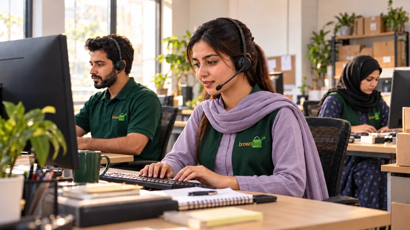Customer support agents handling calls and order enquiries at their workstations