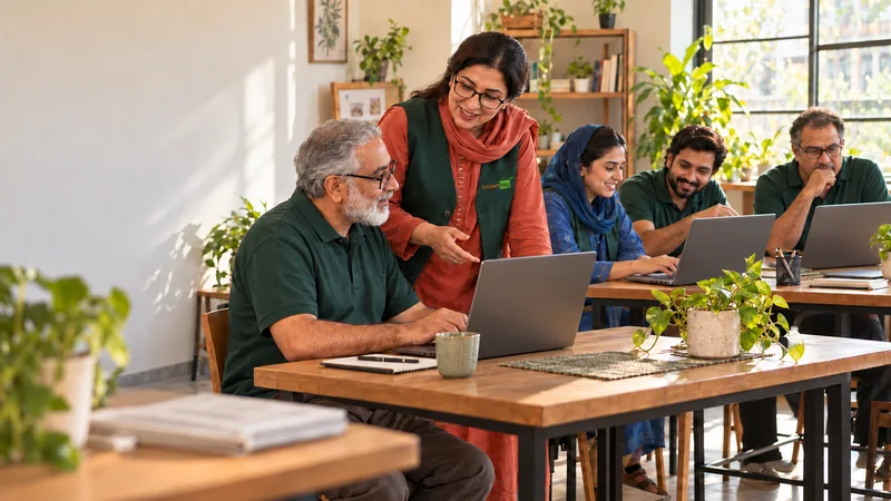 An ecommerce trainer guiding a group through a hands-on laptop workshop