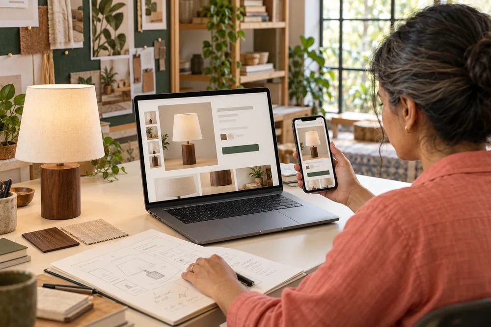 Reviewing the same lamp product page on a laptop and phone beside material samples and a page sketch