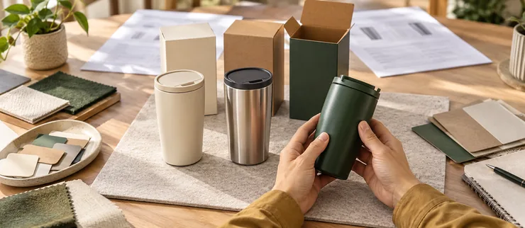 Comparing travel tumbler samples, packaging and material finishes at a sourcing table
