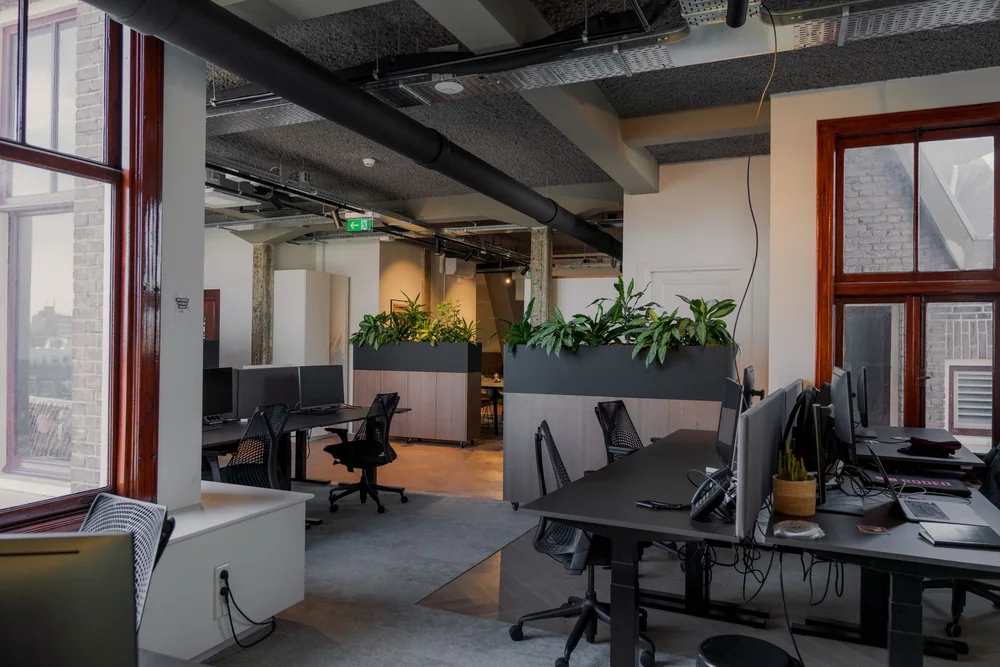 Workspace with desks, natural light and work areas