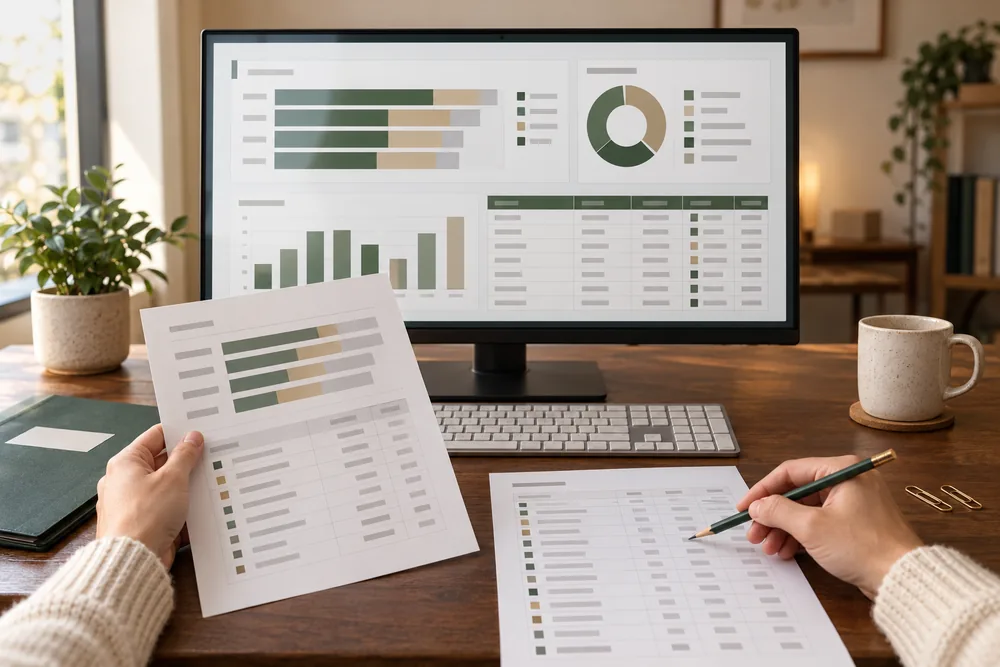 Reviewing a dashboard alongside a printed cost breakdown and order records