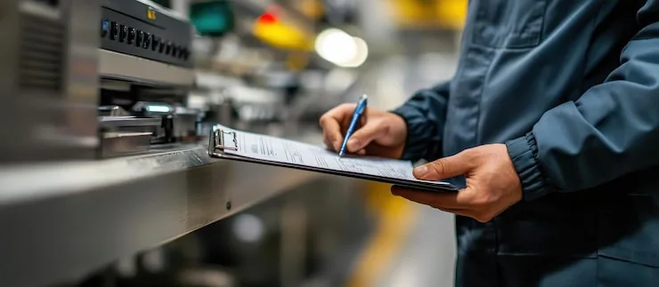A worker records production checks on a clipboard