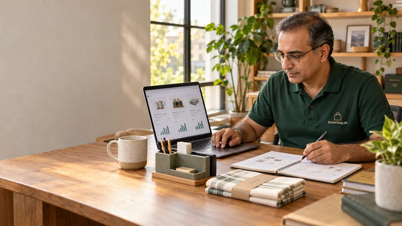 Analyst comparing product samples, catalogue listings and research notes