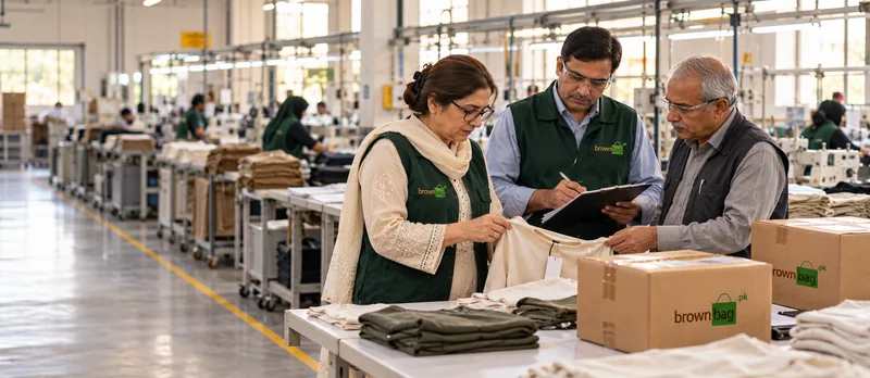Quality inspection team checking garment samples and a checklist at a factory
