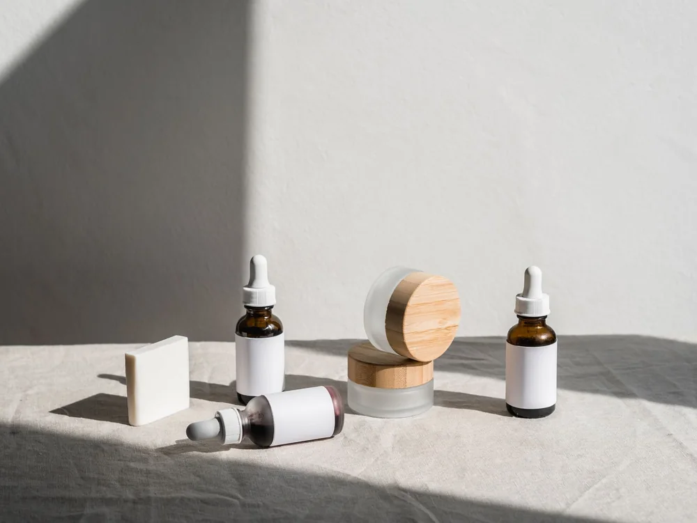 A selection of products arranged with clear spacing and visible packaging