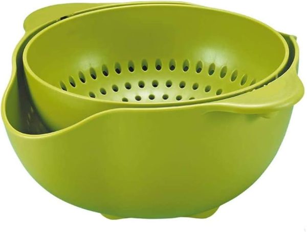 Bowl 2 in 1 Wheat Straw Plastic Colander Fruit Vegetable Washing Drainer Kitchen Rotatable Draining Basket